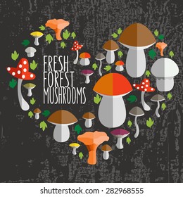 vector illustration of colorful flat design style forest mushrooms in form of heart with signature as a template for your design, article or print
