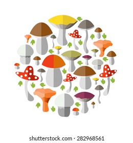 vector illustration of colorful flat design style forest mushrooms in form of circle as a template for your design or print