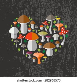 vector illustration of colorful flat design style forest mushrooms in form of heart on textured wood background as a template for your design, article or print