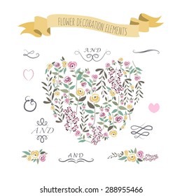 vector illustration of colorful flat design style floral heart, ribbon and decoration set with signature as a template for your design, article, invitation, personal card or print