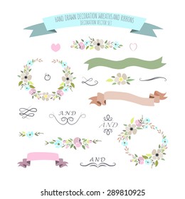 vector illustration of colorful flat design style floral frames, ribbons and wreaths set with signature as a template for your design, article, invitation, personal card or print