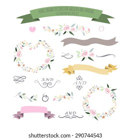 vector illustration of colorful flat design style floral frames, ribbons and wreaths set with signature as a template for your design, article, invitation, personal card or print