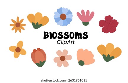 Vector illustration of a colorful flat flower clipart set with various floral shapes. Includes multiple hand-drawn elements, perfect for spring designs, invitations, stickers, and decorative projects.