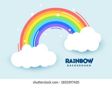 Vector Illustration Colorful Flat Rainbow With Clouds And Stars. Kids Style Background.