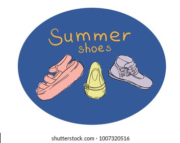 Vector illustration of the colorful flat summer shoes with the hand lettering.
