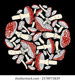 Vector illustration of colorful flat toadstools in a circle. Red caps with white spots.