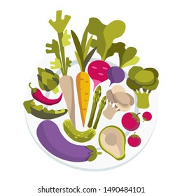 Vector illustration with colorful flat vegetables. Dish of healthy vegetables on a white background. For the design of posters, flyers, brochures, landing pages.