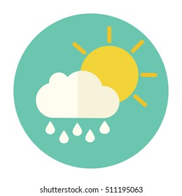 Vector illustration of colorful flat weather icon with long shadow. Flat cloud with rain drops and sun on blue sky background.