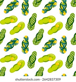 Ilustração vetorial de chinelos coloridos com vários padrões verde com fatias de limão e verde com pontos de polca brancos.