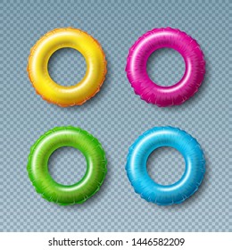 Vector Illustration with Colorful Float Collection Isolated on Transparent Background. Vector Holiday Design Elemets with Inflated Swim Ring or Lifebelt Set for Banner, Flyer, Invitation, Brochure