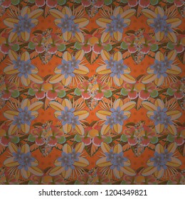 Vector illustration. Vector colorful floral pattern. Hand drawn floral texture, beige, green and orange decorative flowers.