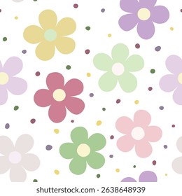 Vector illustration of a colorful floral pattern showcasing pastel flowers in various shades on a white background. Perfect for design projects, textiles, or stationery.
