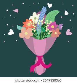 Ilustração vetorial de um buquê de flores colorido envolto em papel rosa com um arco. Cercado por corações e elementos decorativos em um fundo verde escuro. Perfeito para o Dia dos Namorados, Dia da Mulher.