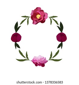 Vector illustration of colorful flower wreath with pink peonies. Isolated on white background. Greeting card for 8 march and Women day. Decorative element for greeting card or invitation