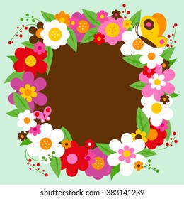 Vector Illustration of a colorful flower wreath and butterflies