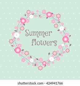 Vector illustration of colorful flower wreath. Vector illustration of colorful wildflowers. Vector illustration of  summer flowers.