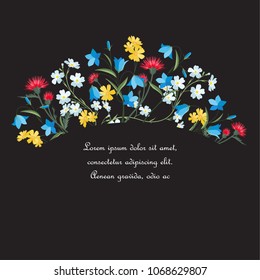 Vector illustration of colorful flowers. Frame floral decorations on a dark background.