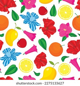 Vector illustration. Colorful flowers and fruits on white background seamless repeat pattern design.