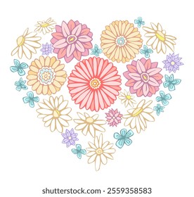 Vector illustration of colorful flowers in heart shape. Hand-drawn floral flat elements in pastel trendy palette. Spring or summer blooming card, poster, invitation, home decor or t-shirt print.