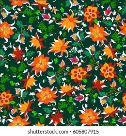 Vector illustration of colorful flowers pattern. Seamless flower pattern on dark green background.
