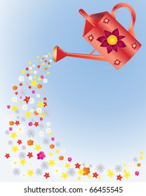 vector illustration of colorful flowers pouring from a red watering can with floral design in eps10 format