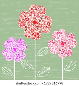 Vector illustration with colorful flowers in the shape of a heart on a green background, textured, handmade. Summer holiday design.