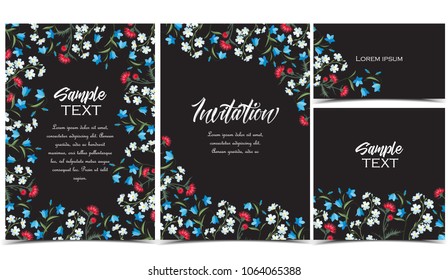 Vector illustration of colorful flowers. Summer floral decorations on a dark background. Set of greeting cards