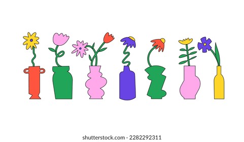 Vector illustration colorful flowers with vases. Naive-style stickers for print or social media