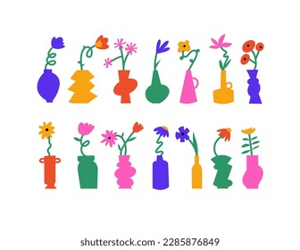 Vector illustration colorful flowers with vases. Naive-style stickers for print or social media