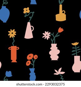 Vector illustration colorful flowers with vases. Naive-style stickers for print or social media. Seamless pattern