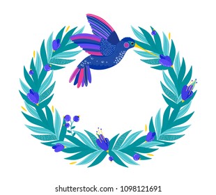Vector illustration with colorful flowers wreath and with flying colibri or hummingbird. Floral illustration for invitation, wedding card. Floral card with wreath from flowers. Flowers in circle frame