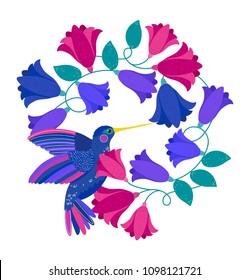 Vector illustration with colorful flowers wreath and with flying colibri or hummingbird. Floral illustration for invitation, wedding card. Floral card with wreath from flowers. Flowers in circle frame