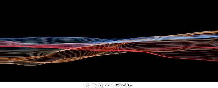 Vector illustration of a colorful fluid curves against black background. Creative geometric backdrop. Modern concept. Abstract wavy pattern