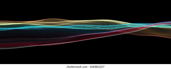 Vector illustration of a colorful fluid curves against black background. Creative geometric backdrop. Modern concept. Abstract wavy pattern