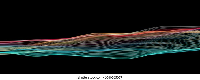 Vector illustration of a colorful fluid curves against black background. Creative geometric backdrop. Modern concept. Abstract wavy pattern