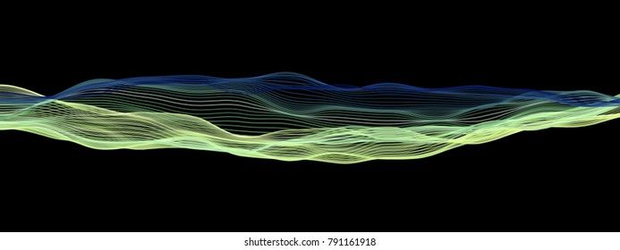 Vector illustration of a colorful fluid curves against black background. Creative geometric backdrop. Modern concept. Abstract wavy pattern