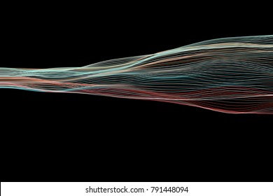 Vector illustration of a colorful fluid curves against black background. Creative geometric backdrop. Modern concept. Abstract wavy pattern
