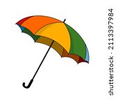Vector illustration colorful fly, soaring umbrellas background. Flat Design