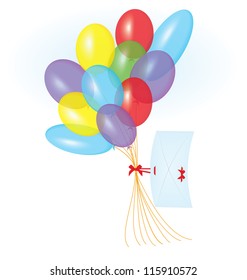 Vector illustration of colorful flying balloons and letter tied with red ribbon