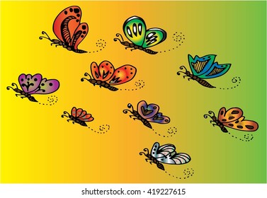 vector illustration of colorful flying butterflies, hand drawing
