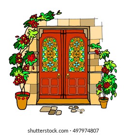 
vector illustration of colorful front door with stained glass Tiffany, drawing entrance to the house decorated with flowers in pots trudging along the wall