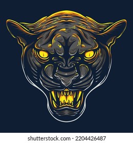 Vector Illustration Colorful Front View Panther Head With Angry Pose And Stalking Prey Vintage Illustration