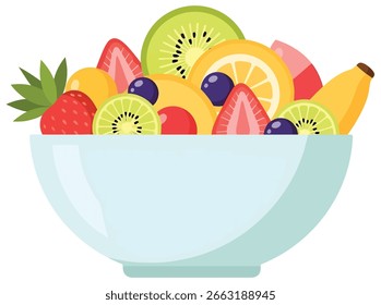 Vector illustration of a colorful fruit salad in a bowl, ideal for healthy eating themes, summer food concepts, and organic diet visuals.