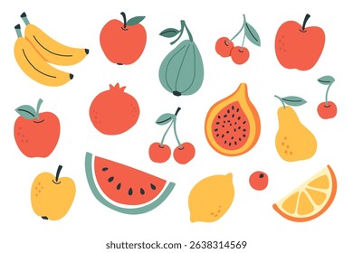 Vector illustration of colorful fruits including banana, apple, fig, cherry, pear, lemon, orange, papaya, and pomegranate. Ideal for healthy eating, summer design, and packaging