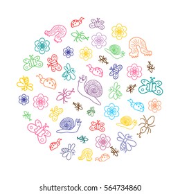 Vector Illustration. Colorful Funny Doodle Insects. Children Drawings of Cute Bugs, Butterflies, Ants and Snails Arranged ina Circle. Sketch Style.