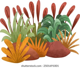 vector illustration of colorful garden, grass, flower, bush, mushroom tree asset for beautiful landscape background