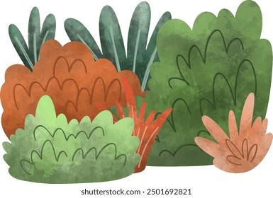 vector illustration of colorful garden, grass, flower, bush, mushroom tree asset for beautiful landscape background