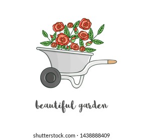 Vector illustration of colorful garden wheel barrow with flowers. Cartoon style spring or summer picture isolated on white background. Gardening themed concept