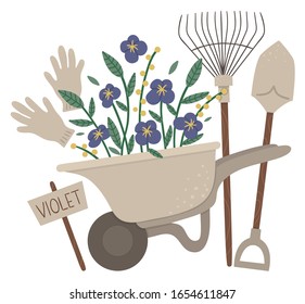 Vector illustration of colorful garden wheel barrow with violet flowers, rakes, spade, gloves. Cartoon style spring or summer picture isolated on white background. Gardening themed concept