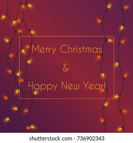 Vector illustration of colorful garland illumination with Merry Christmas and Happy New Year greeting card.